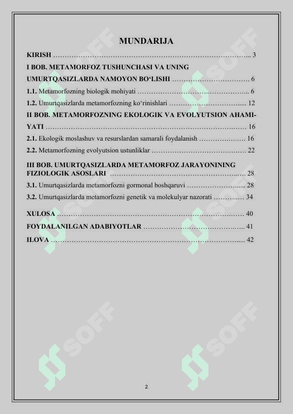 Metamorfozni umurtqasiz hayvonlar uchun ahamiyati - kurs ishi 2