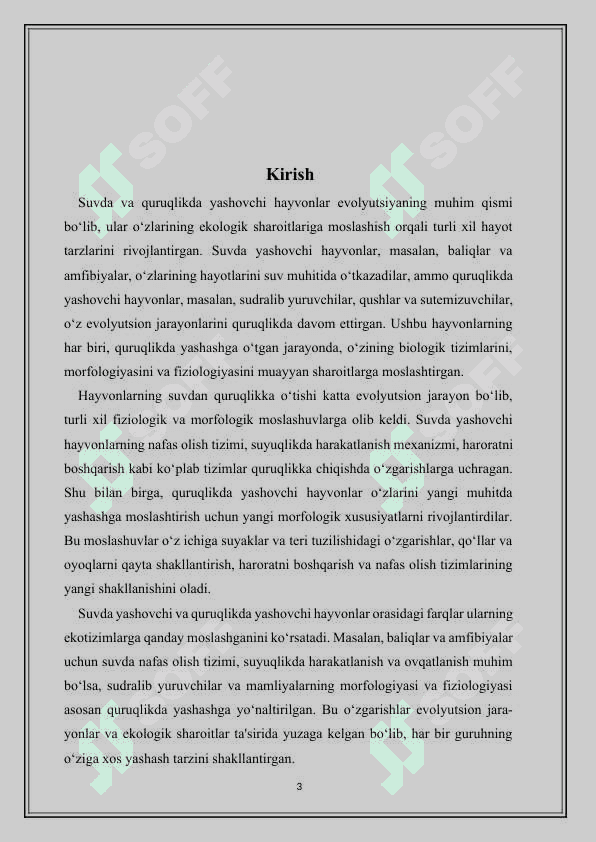 Suvda hamda quruqlikda yashovchilar quruqlikka chiqish sabablari va moslanish xususiyatlari - kurs ishi 3