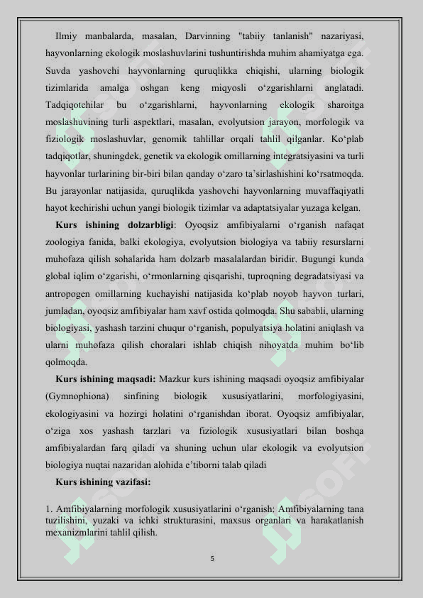Suvda hamda quruqlikda yashovchilar quruqlikka chiqish sabablari va moslanish xususiyatlari - kurs ishi 5