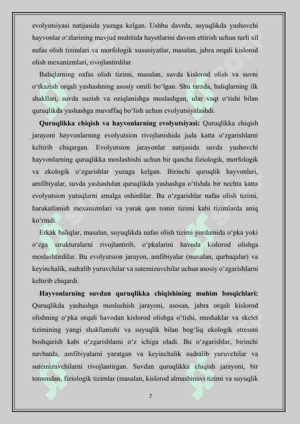 Suvda hamda quruqlikda yashovchilar quruqlikka chiqish sabablari va moslanish xususiyatlari - kurs ishi 7