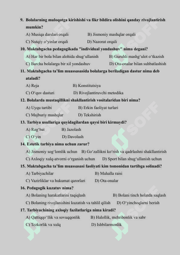 Maktabgacha pedagogika fanidan 20 ta test 2