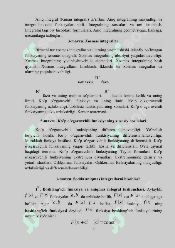 MATEMATIK ANALIZ FANIDAN MUSTAQIL TAYYORGARLIK UCHUN TOPSHIRIQ VA NAZARIY SAVOLLAR 4