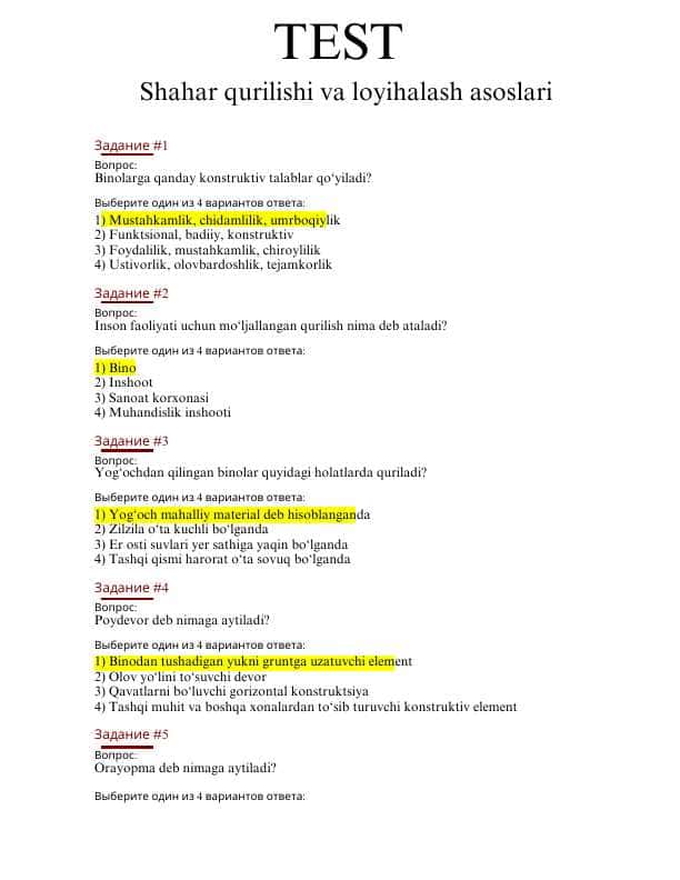 Test. Shahar qurilishi va loyihash asoslari.