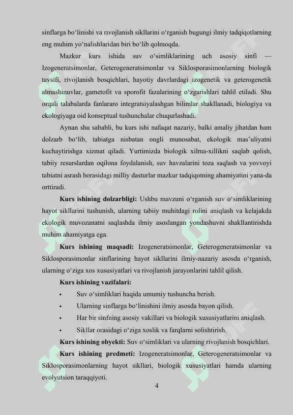 Izogeneratsimonlar geterogeneratsimonlar  va siklosporasimonlar sinflari ularning asosiy vakillari va rivojlanish sikli 4