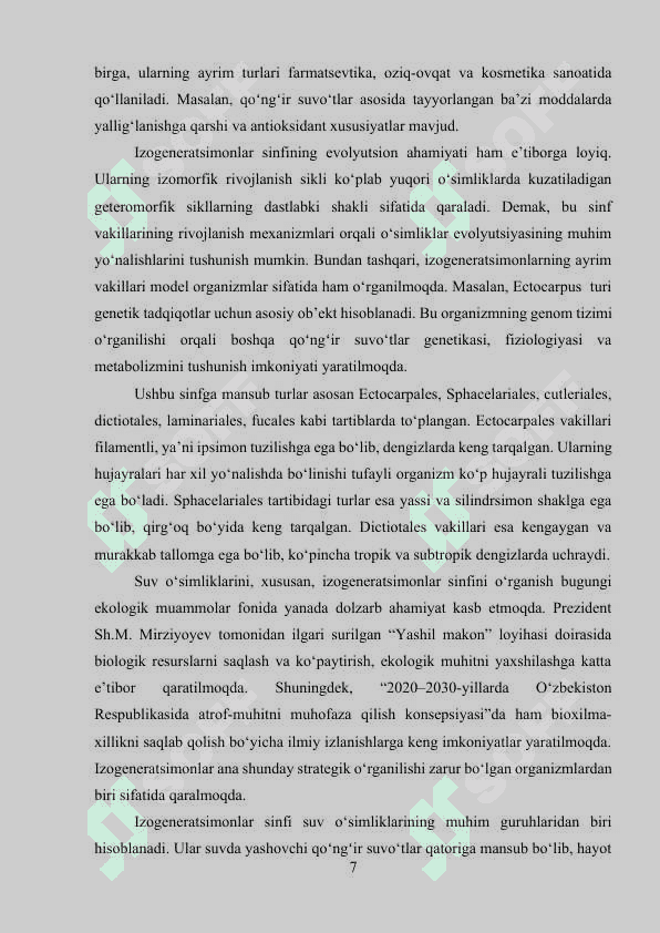 Izogeneratsimonlar geterogeneratsimonlar  va siklosporasimonlar sinflari ularning asosiy vakillari va rivojlanish sikli 7