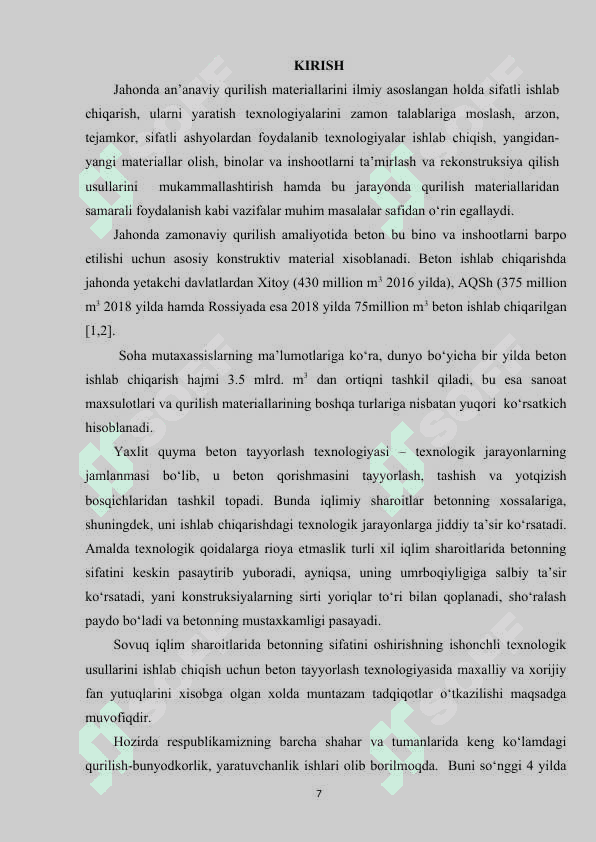 Sovuqqa qarshi kompleks kimyoviy qo‘shimchalar yordamida og‘ir beton xossalarini o‘rganish. 7