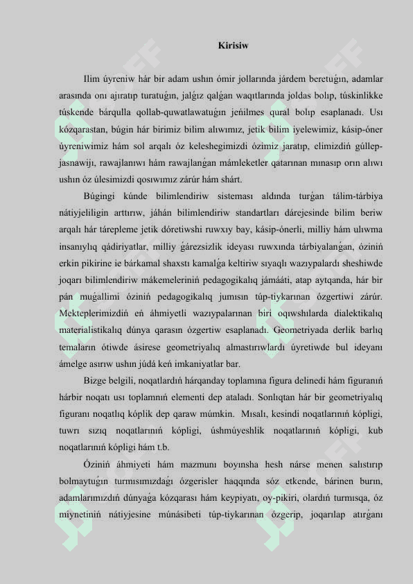 Tegislikte geometriyalıq túrlendiriwler hám olardıń qollanıwı 2