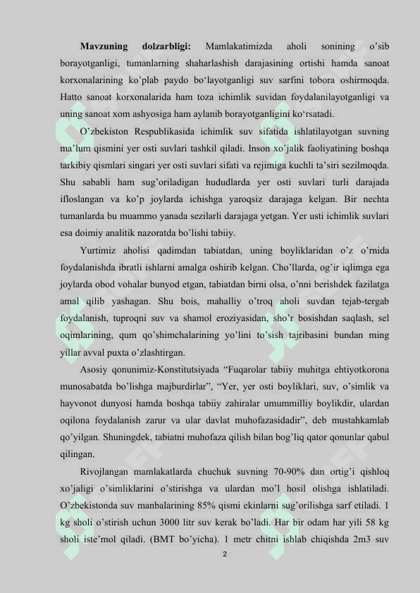 SUV VA SUV XAVZALARINING EKOGIGIENASI 2