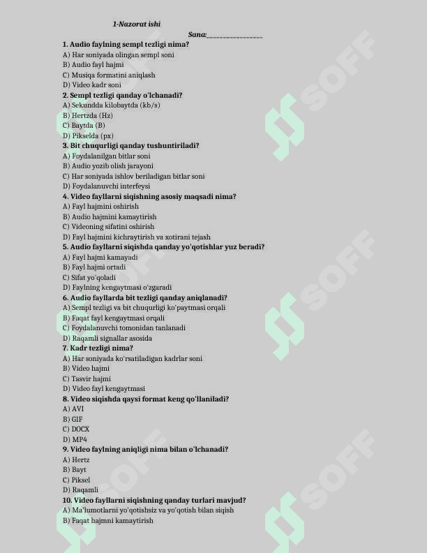 11-sinf informatika test yillik 2