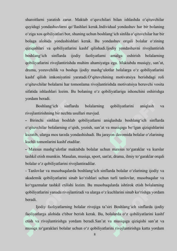 O‘QUVCHINING INDIVIDUAL QOBILIYATLARINI RIVOJLANTIRISHDA O‘QITUVCHINING PEDAGOGIK YONDASHUVI 8