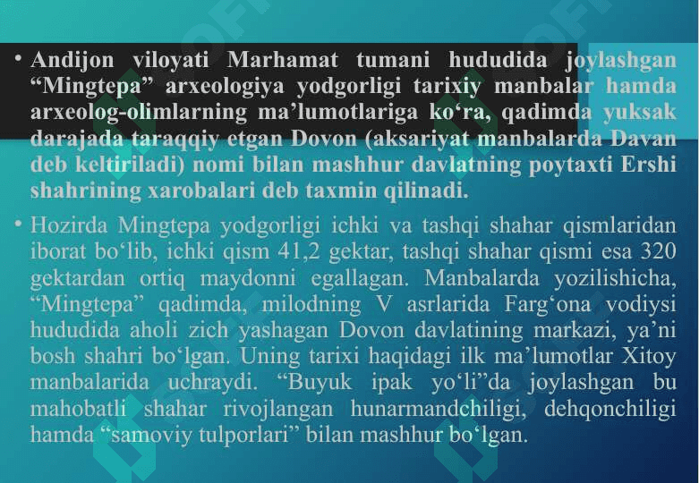 Arxeologik dala tadqiqotlari amaliyotida yodgorlikni ilmiy jihatdan to‘liq o‘rganish  Mingtepa yodgorligi   fotoalbom 3