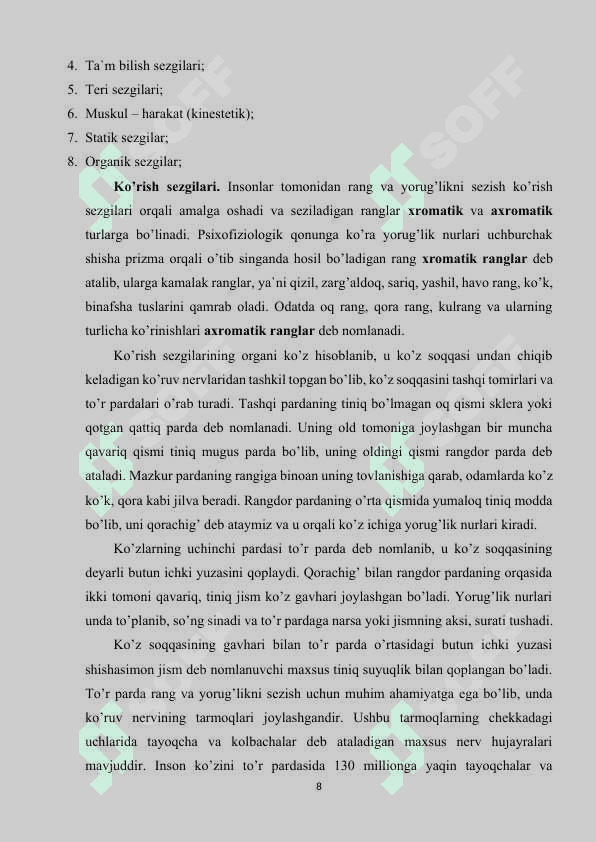 Sezgilar klassifikatsiyasi va sezgilarning o’zgaruvchan shakllari 8