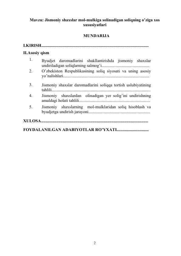 Jismoniy shaxslar mol-mulkiga solinadigan soliqning o’ziga xos xususiyatlari