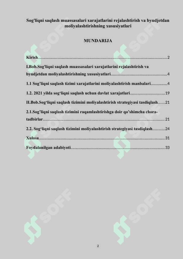 Sog'liqni saqlash muassasalari xarajatlarini rejalashtirish va byudjetdan moliyalashtirishning xususiyatlari 2