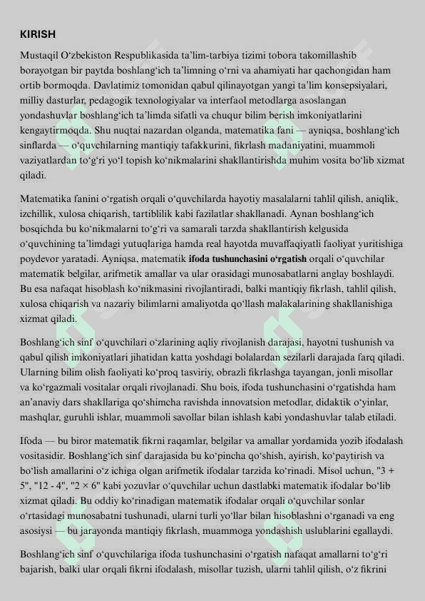 Boshlang‘ich sinf matematika darslarida ifoda tushunchasini o‘rgatish 
metodikasi 4