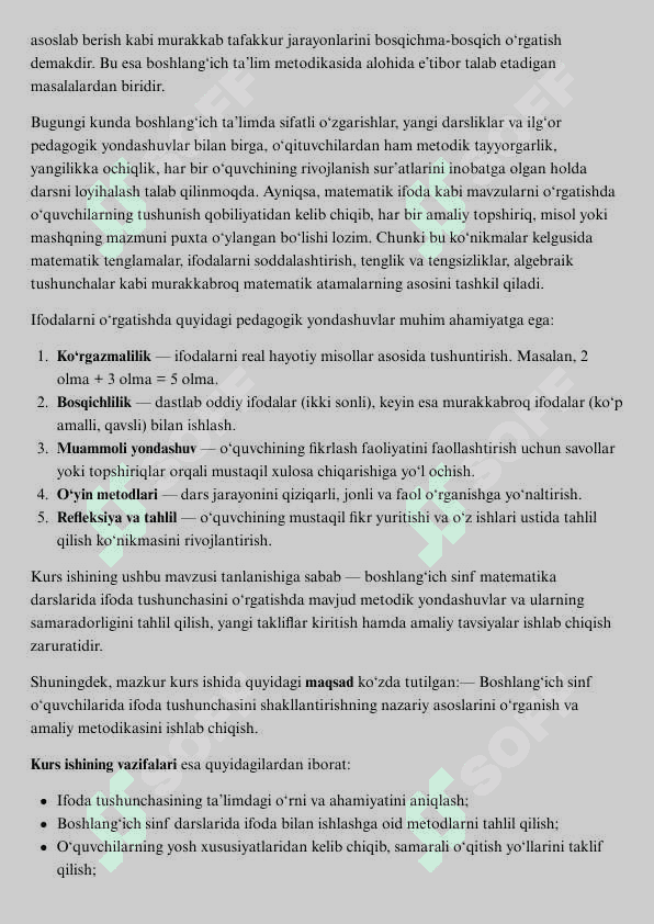 Boshlang‘ich sinf matematika darslarida ifoda tushunchasini o‘rgatish 
metodikasi 5