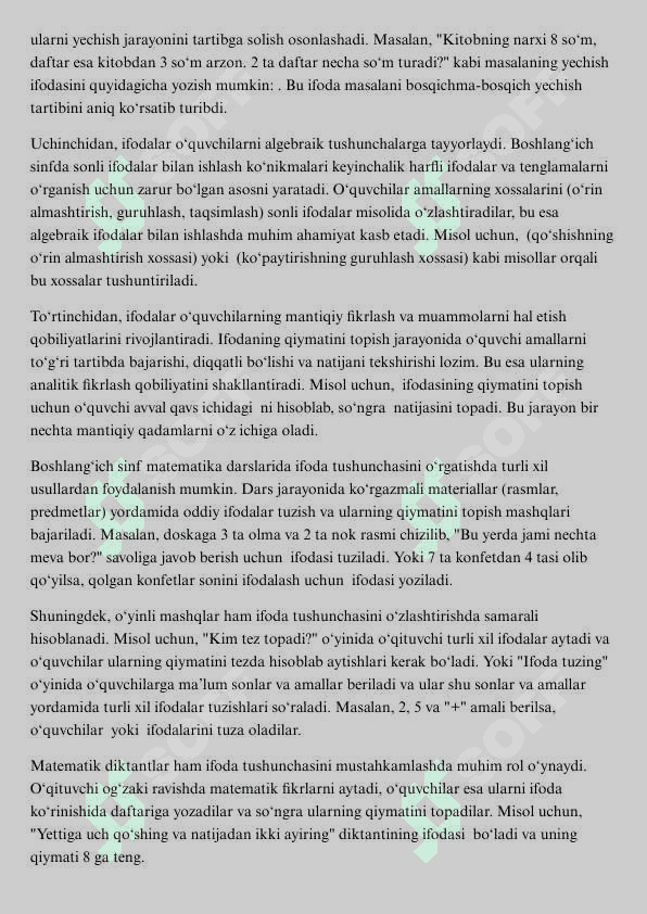 Boshlang‘ich sinf matematika darslarida ifoda tushunchasini o‘rgatish 
metodikasi 8