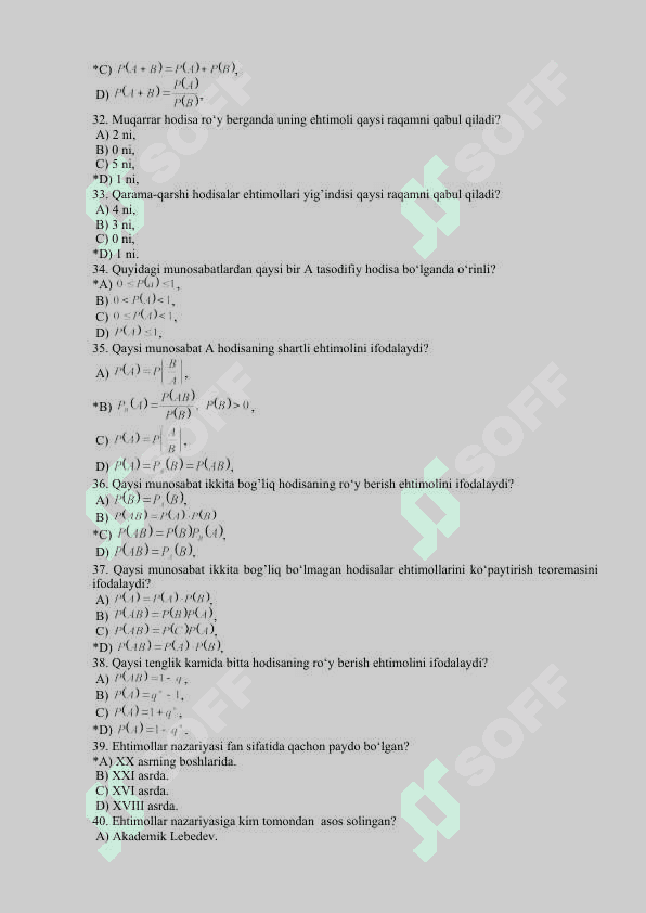 Extimollik va statistika fanidan namunaviy test savollari 4