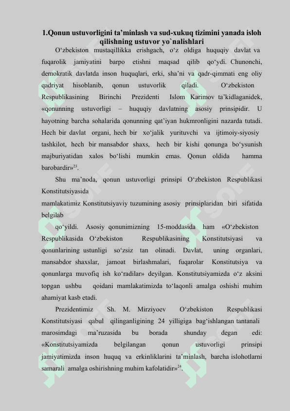 Qonun ustuvorligini ta’minlash va sud-xukuq tizimini yanada isloh qilishning ustuvor yo`nalishlari. 2