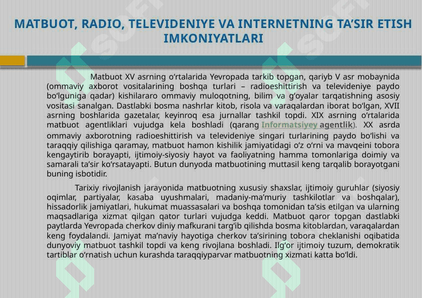 MATBUOT, RADIO, TELEVIDENIYE VA INTERNETNING TA’SIR ETISH IMKONIYATLARI 3