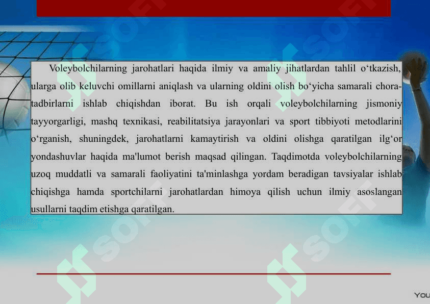VOLEYBOLCHILARNING JAROHATLARI VA ULARNING OLDINI OLISH CHORALARI 2