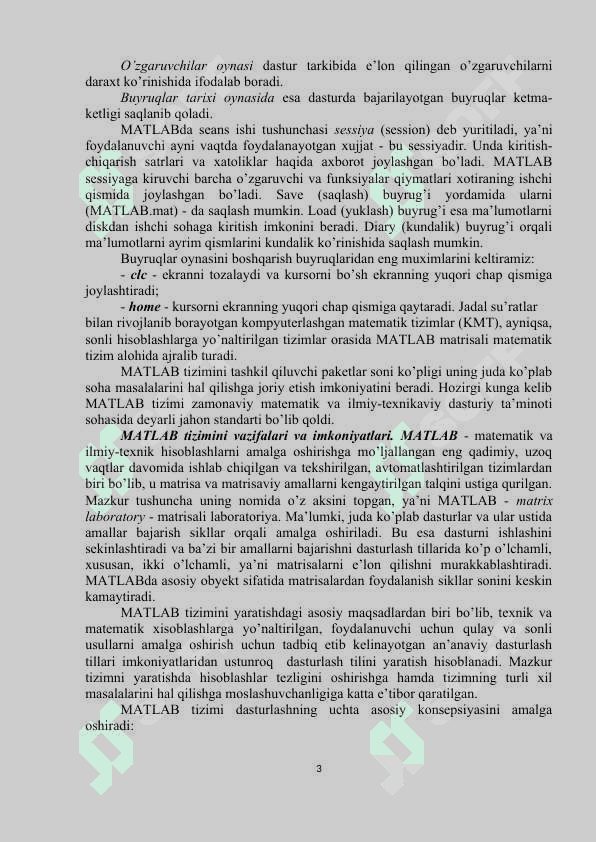 MATLAB dasturiy muhitining  vazifalari, imkoniyatlari, kengaytmasi, yordam tizimi va oddiy hisoblashlarni bajarish 3