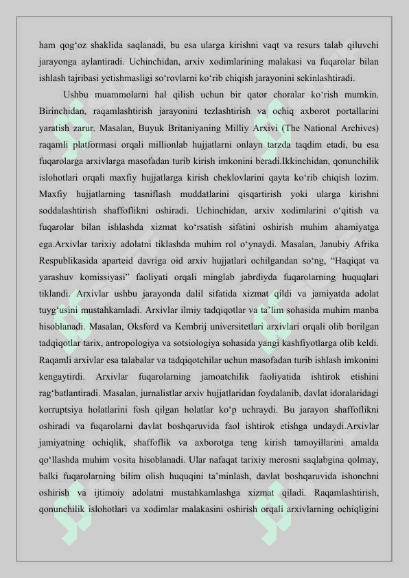 Arxivlar va jamoatchilik  ochiqlik, shaffoflik va axborotga tenglik 4