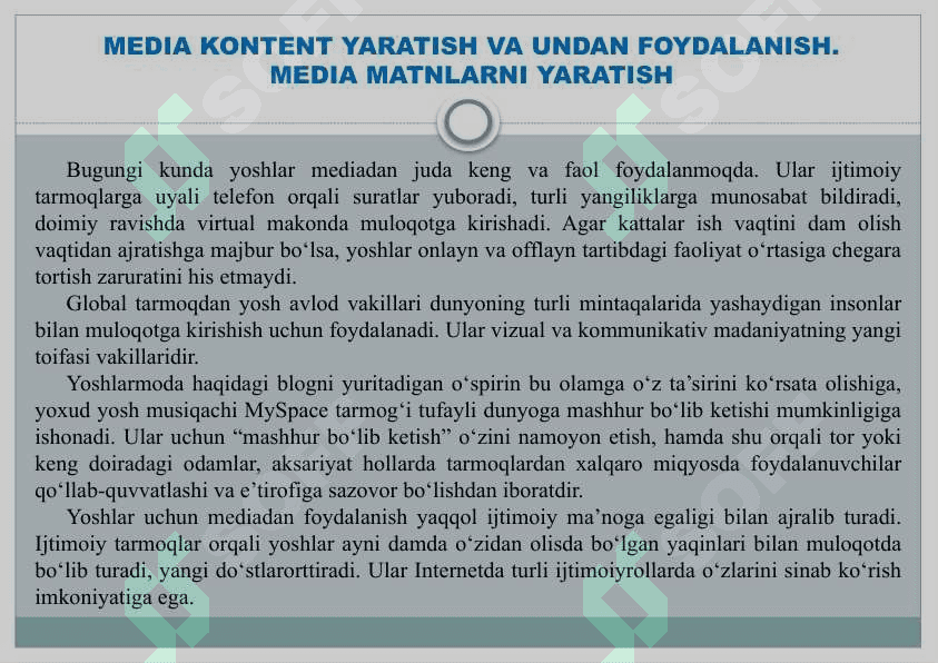 MEDIA KONTENT YARATISH VA UNDAN FOYDALANISH.MEDIA MATNLARNI YARATISH 2