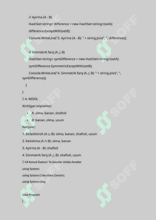 TO'PLAM USTA BAJARILADIGAN AMALLAR UCHUN AMALIY DASTUR ISHLAB CHIQISH  C# 3