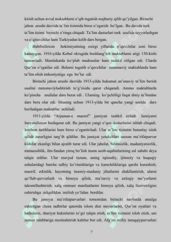 AFG'ONISTON BIRINCHI JAHON URUSHI YILLARIDA 7