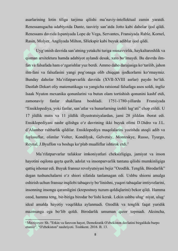 Jahon xalqlari ma’naviyatining rang-barang lekin bir butun tizim ekanligi. Jahon xalqlari ma’naviyatining globallashuv ta’sirida hozirgi  ahvol uzluksiz rivojlanishdagi ziddiyatlar.docx 8
