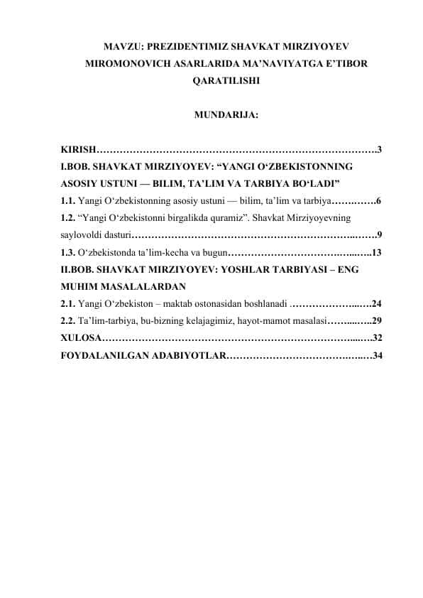 PREZIDENTIMIZ SHAVKAT MIRZIYOYEV MIROMONOVICH ASARLARIDA MA’NAVIYATGA E’TIBOT QARATILISHI.docx