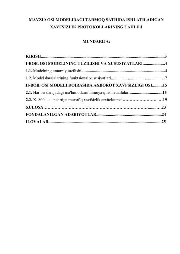 OSI MODELIDAGI TARMOQ SATHIDA ISHLATILADIGAN XAVFSIZLIK PROTOKOLLARINING TAHLILI.docx