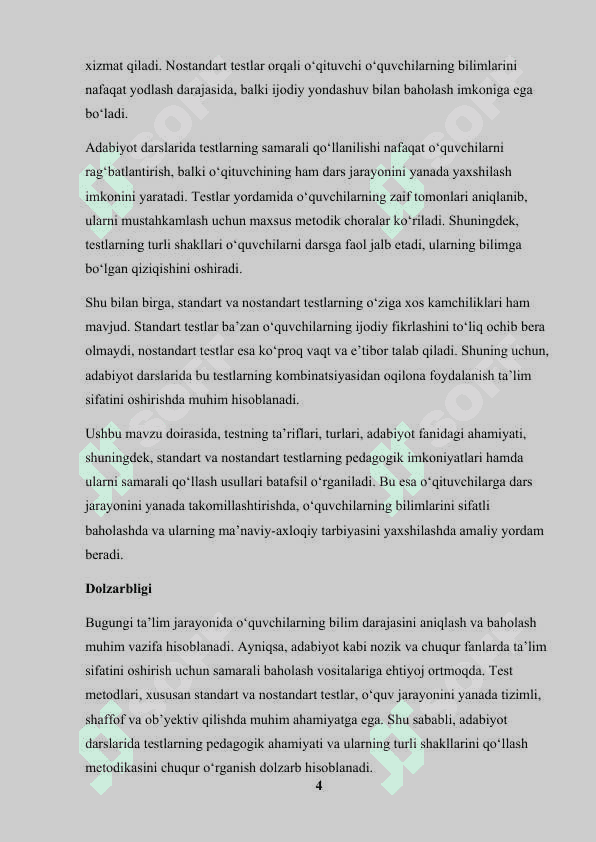 ADABIYOT DARSLARIDA TESTING AHAMIYATI (STANDART VA NOSTANDART TESTLAR) 4