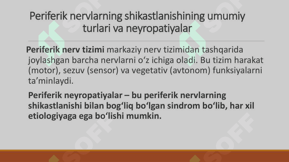 Periferik nervlarni shikastlanishi umumiy turlari neyropatiyalar. Neyromuskulyar tutashlarini kasalliklari. 2