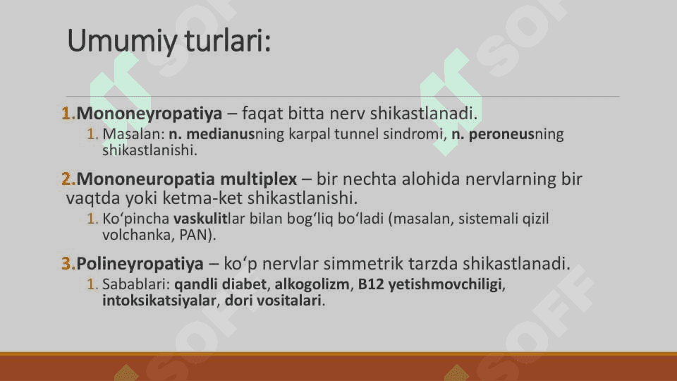 Periferik nervlarni shikastlanishi umumiy turlari neyropatiyalar. Neyromuskulyar tutashlarini kasalliklari. 3
