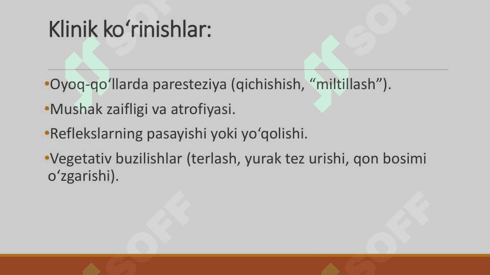 Periferik nervlarni shikastlanishi umumiy turlari neyropatiyalar. Neyromuskulyar tutashlarini kasalliklari. 4