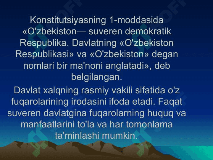 O’zbekiston Respublikasi Konstitutsiyasining asosiy printsiplari. O’zbekiston Respublikasida inson va fuqarolarning asosiy huquqlari, erkinliklari va burchlari. 2