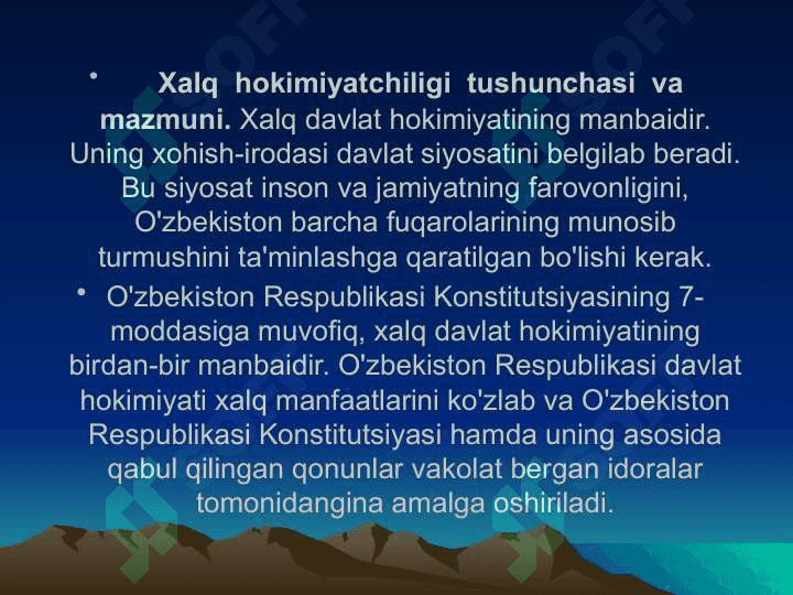 O’zbekiston Respublikasi Konstitutsiyasining asosiy printsiplari. O’zbekiston Respublikasida inson va fuqarolarning asosiy huquqlari, erkinliklari va burchlari. 4