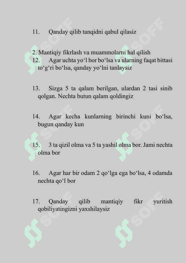 ICHKI ISHLARGA KIRUVCHILAR UCHUN PSIXOLOGIK TESTLAR (100 ta savol) 2