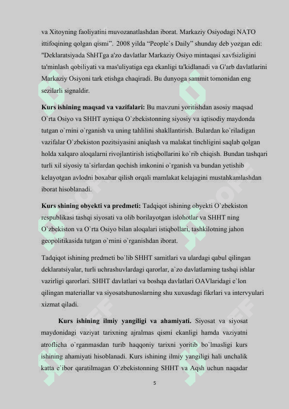 O`zbekistonning SHHTda tutgan o`rni 5