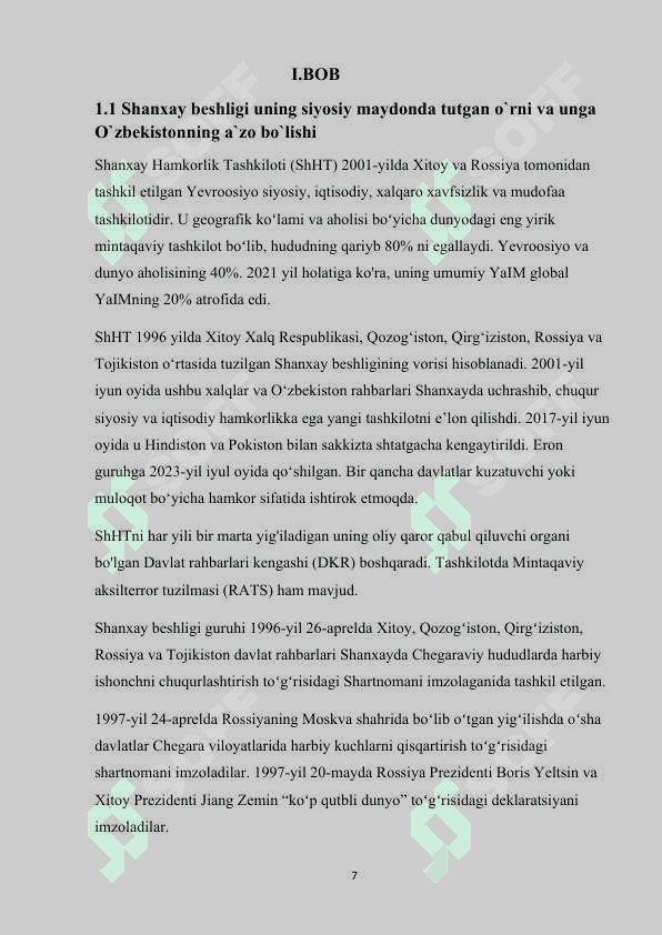 O`zbekistonning SHHTda tutgan o`rni 7