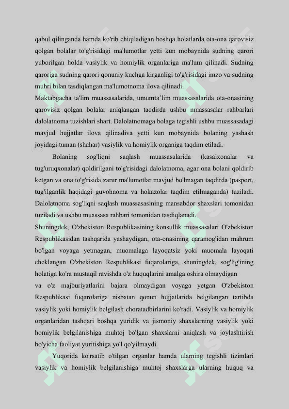 OTA-ONA QARAMOG'IDAN MAHRUM BO'LGAN BOLALARNI JOYLASHTIRISH 8