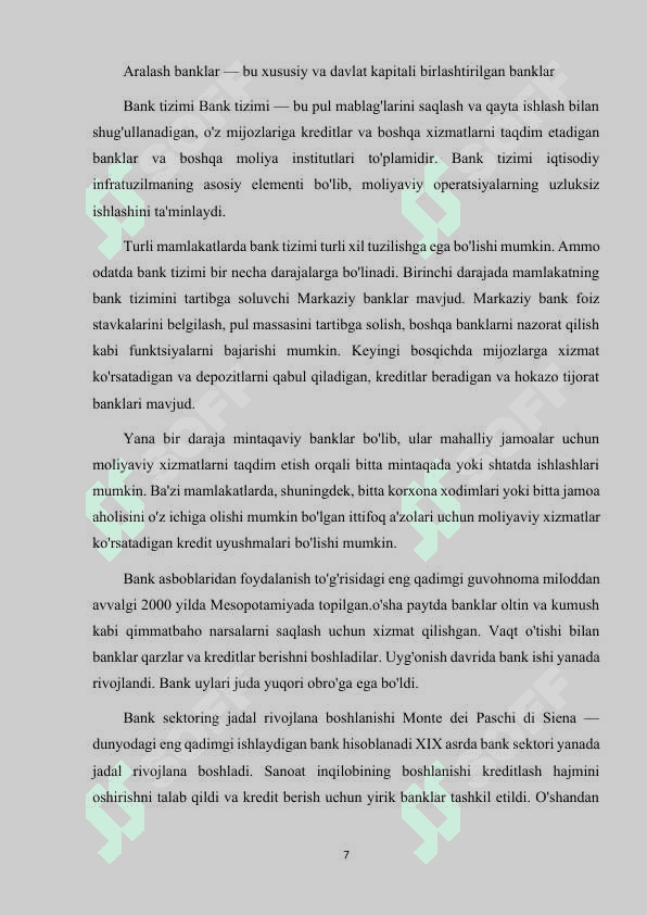 O'ZBEKISTON RESPUBLIKASI BANK TIZIMI VA UNING TARKIBI 7