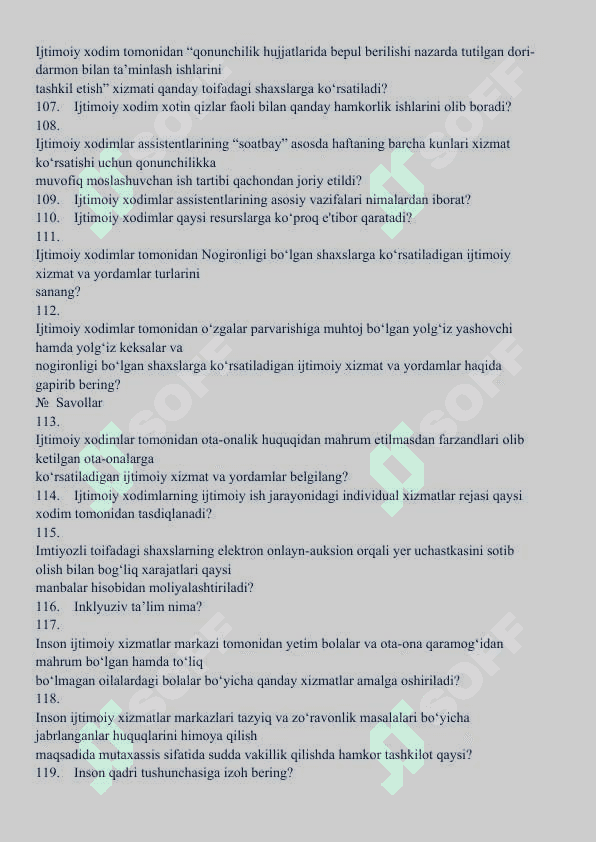 Argos test. Tuman (shahar)lardagi “Inson” ijtimoiy xizmatlar markazlarida faoliyat yurituvchi xodimlarning bilimini baholash uchun namunaviy savollari 7