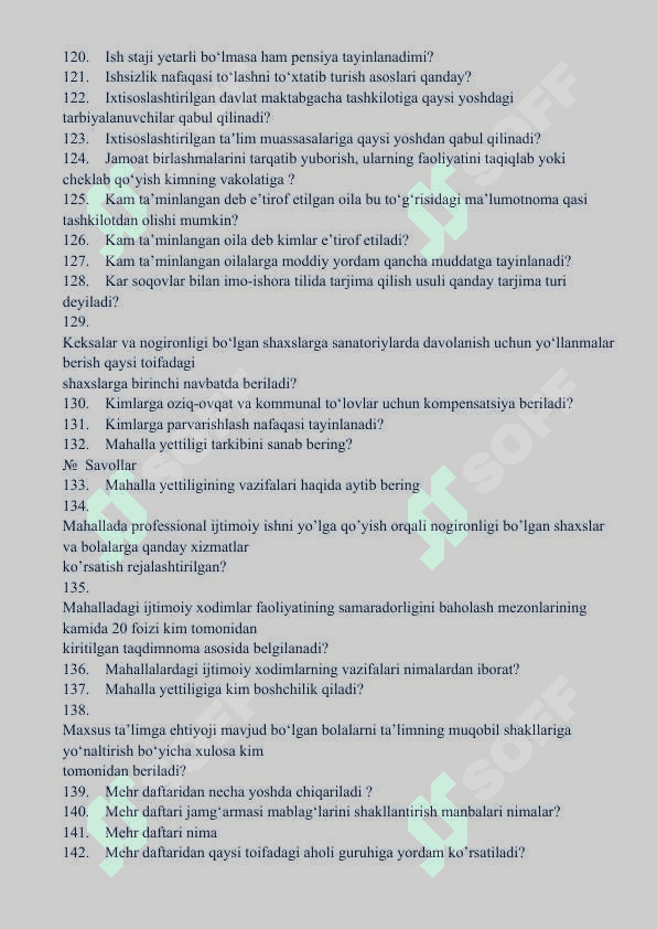 Argos test. Tuman (shahar)lardagi “Inson” ijtimoiy xizmatlar markazlarida faoliyat yurituvchi xodimlarning bilimini baholash uchun namunaviy savollari 8