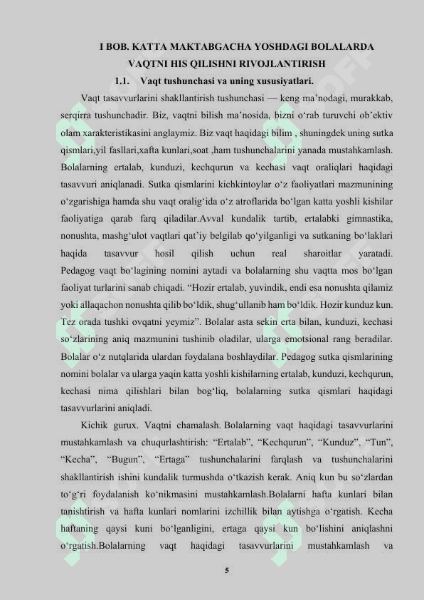 KATTA MAKTABGACHA YOSHDAGI BOLALARDA VAQTNI HIS QILISHNI RIVOJLANTIRISH. MASHG‘ULOTNI TASHKIL QILISH TEXNOLOGIYASI..docx 5