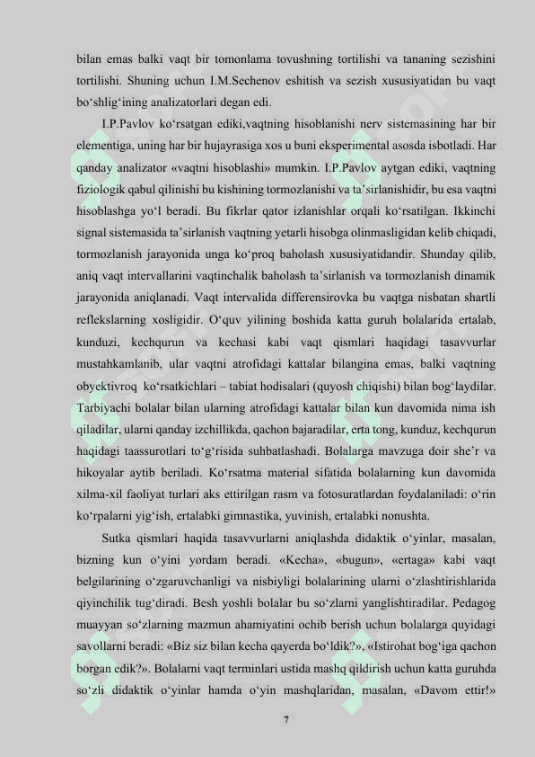 KATTA MAKTABGACHA YOSHDAGI BOLALARDA VAQTNI HIS QILISHNI RIVOJLANTIRISH. MASHG‘ULOTNI TASHKIL QILISH TEXNOLOGIYASI..docx 7
