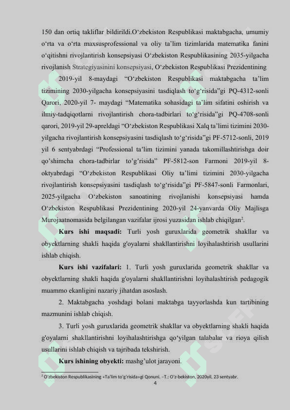 MAKTABGACHA TA’LIM MUASSASALARIDA GEOMET-RIK SHAKLLARGA OID, VAQTGA OID VA FAZOVIY TASAVVURLARNI SHAKLLANTIRISHGA OID IJODIY MASHG’ULOTLARNI TASHKIL QILISH  METODIKASI.docx 4