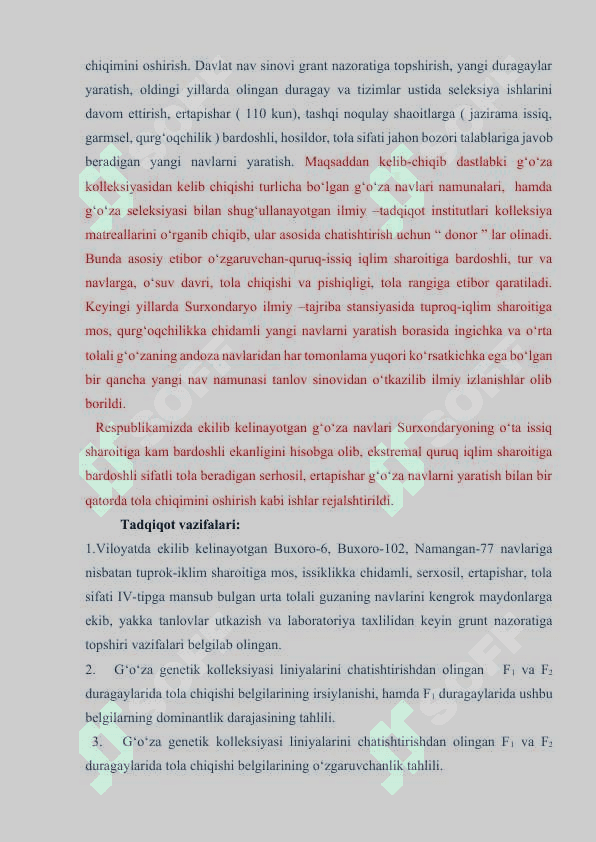 Surxondayo sharoitida ekiladigan g’o’za navlarini tola chiqishini aniqlash. 8